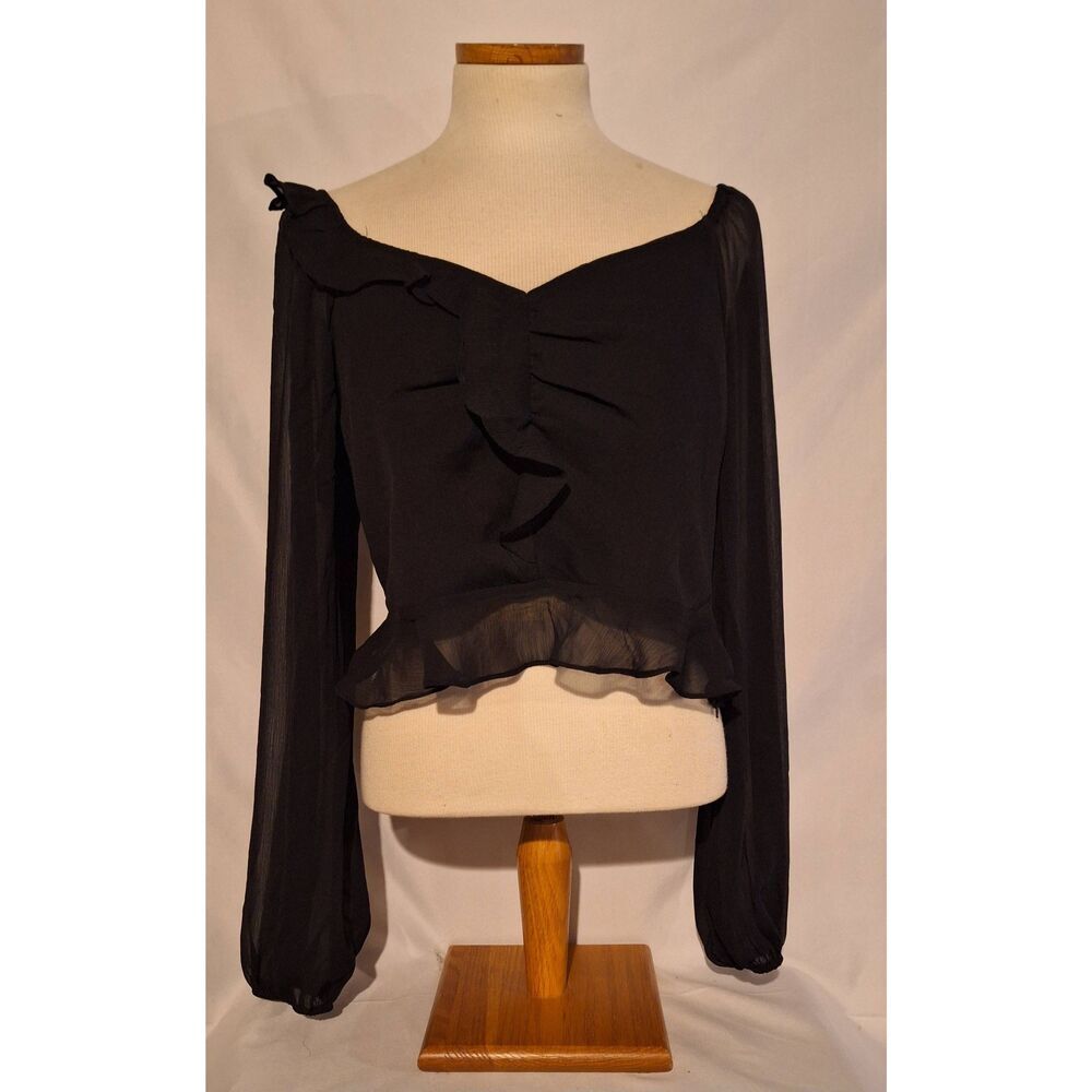 Daisy & Delilah Bristol Ruffle Detail Top Black Medium Long Sheer Sleeve Cropped